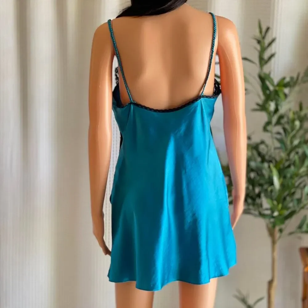 Vintage Y2K Victoria's Secret Teal Blue Mini Slip Dress Satin Lace Babydoll Sz S